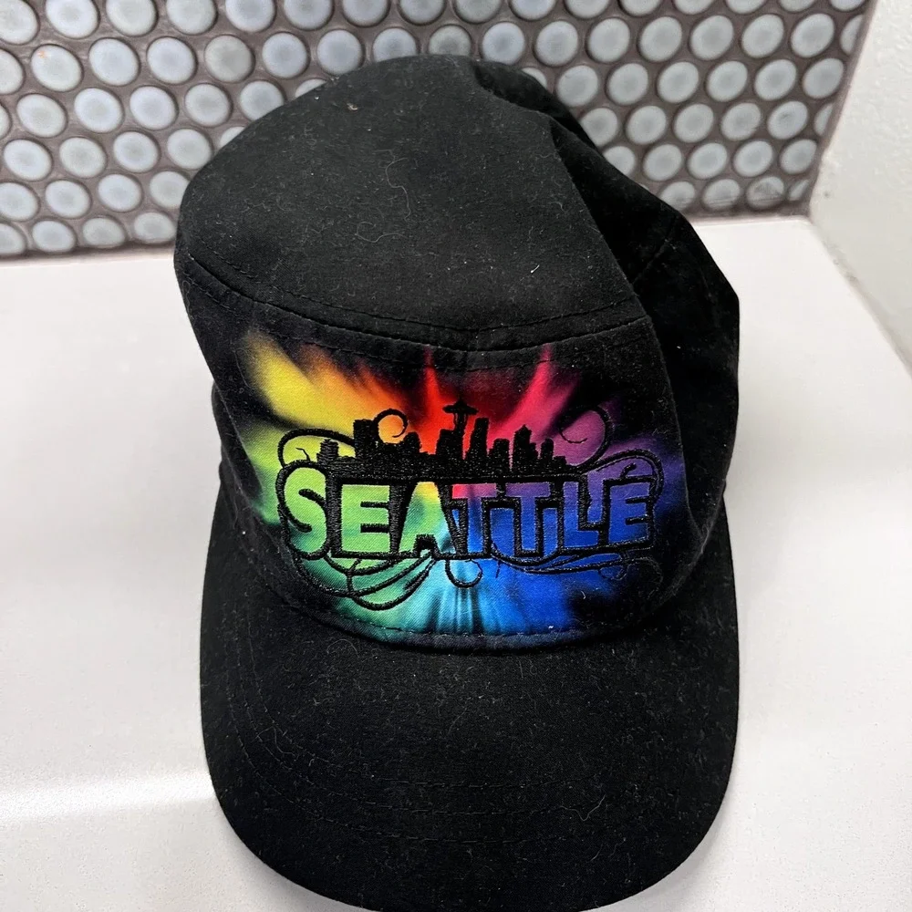 Seattle Hat Cap Adult Hat Black Strap Back Adjustable‎ Colorful Rainbow